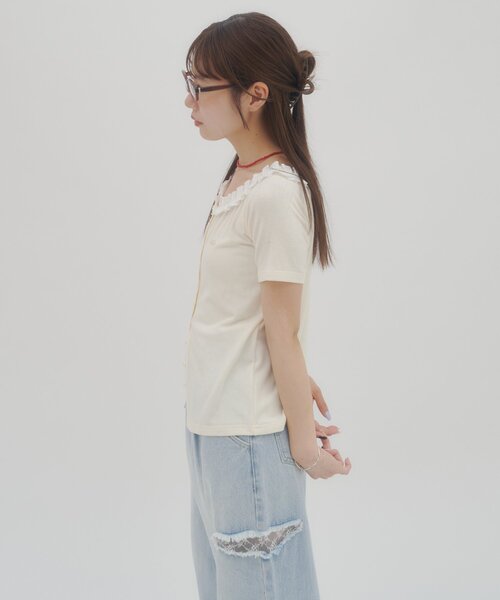 DISCOAT（ディスコート）の「【umm.】衿フリル半袖カットカーディガン（Tシャツ/カットソー・レディース・ネイビー/グリーン/グレー/サックスブルー/アイボリー・FREE）」の21枚目の写真