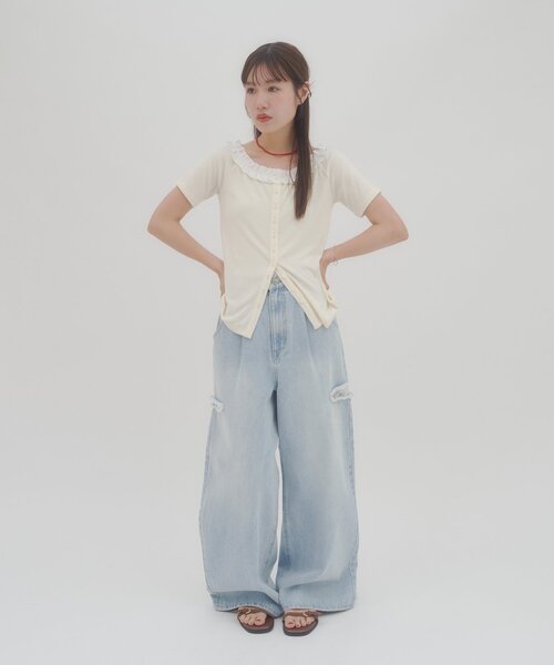 DISCOAT（ディスコート）の「【umm.】衿フリル半袖カットカーディガン（Tシャツ/カットソー・レディース・ネイビー/グリーン/グレー/サックスブルー/アイボリー・FREE）」の22枚目の写真