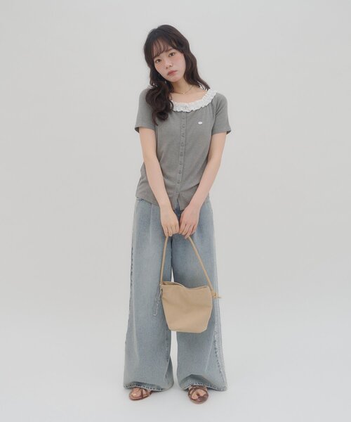 DISCOAT（ディスコート）の「【umm.】衿フリル半袖カットカーディガン（Tシャツ/カットソー・レディース・ネイビー/グリーン/グレー/サックスブルー/アイボリー・FREE）」の6枚目の写真