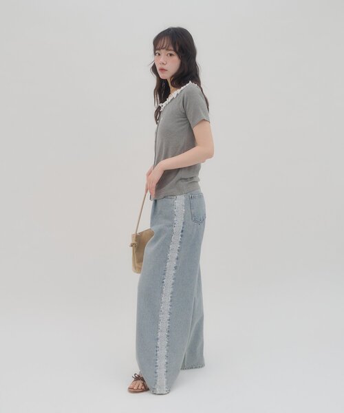 DISCOAT（ディスコート）の「【umm.】衿フリル半袖カットカーディガン（Tシャツ/カットソー・レディース・ネイビー/グリーン/グレー/サックスブルー/アイボリー・FREE）」の7枚目の写真