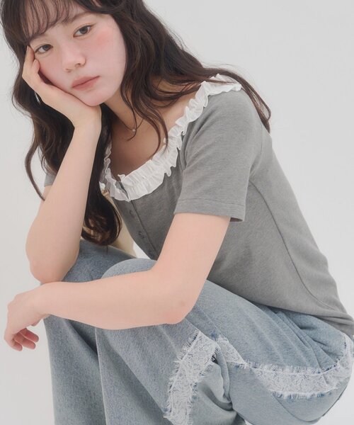 DISCOAT（ディスコート）の「【umm.】衿フリル半袖カットカーディガン（Tシャツ/カットソー・レディース・ネイビー/グリーン/グレー/サックスブルー/アイボリー・FREE）」の9枚目の写真