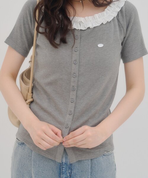 DISCOAT（ディスコート）の「【umm.】衿フリル半袖カットカーディガン（Tシャツ/カットソー・レディース・ネイビー/グリーン/グレー/サックスブルー/アイボリー・FREE）」の10枚目の写真