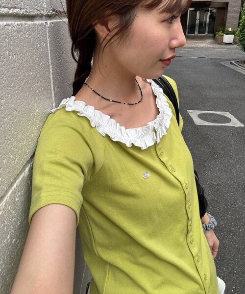 DISCOAT（ディスコート）の「【umm.】衿フリル半袖カットカーディガン（Tシャツ/カットソー・レディース・ネイビー/グリーン/グレー/サックスブルー/アイボリー・FREE）」の15枚目の写真