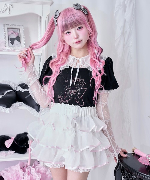 フリルカラーリボン柄シアーロンT（Tシャツ/カットソー）｜Magia Charm