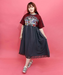 162670：レースリボン×花ネコプリント 花柄スリット切替ワンピース