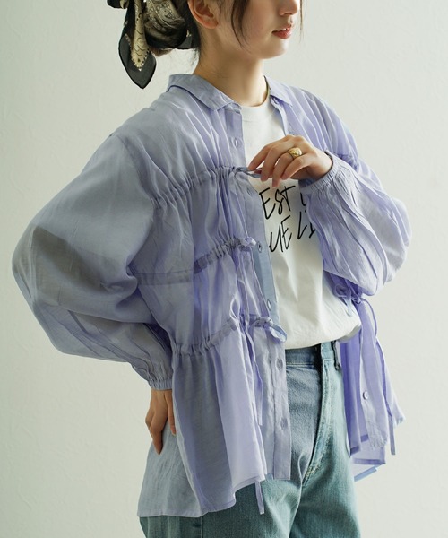 e-zakkamania stores（イーザッカマニアストアーズ）の「ドロストリボン シアーブラウス（シャツ/ブラウス・レディース・ブルー/チャコール・M-L）」の12枚目の写真
