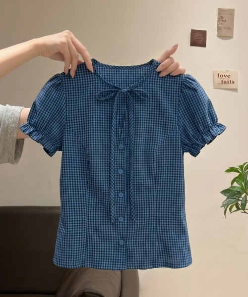 gossip!ロサンゼルス(ゴシップロサンゼルス)の「【Y2Kガーリー】レトロチェック柄リボンブラウス パフスリーブ(シャツ/ブラウス・レディース・ブルー・M)」の11枚目の写真
