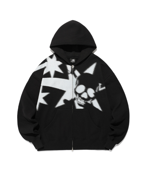 NICE GHOST CLUB(ナイスゴーストクラブ)の「SPRAY SKULL 3STAR HOODIE ZIP UP_BLACK(NG2EFUM485A)(パーカー・レディース・ブラック・S/M/L)」の1枚目の写真