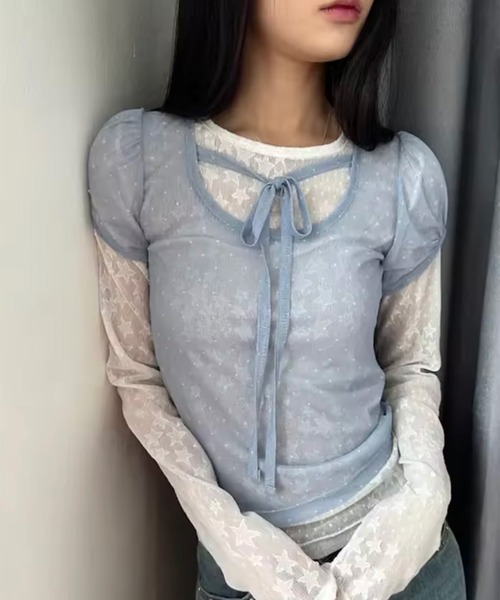 ammy.(エイミードット)の「【 ammy. / エイミードット 】 ドット シアー リボン トップス(Tシャツ/カットソー・レディース・ブルー/ブラック/アイボリー・FREE)」の3枚目の写真