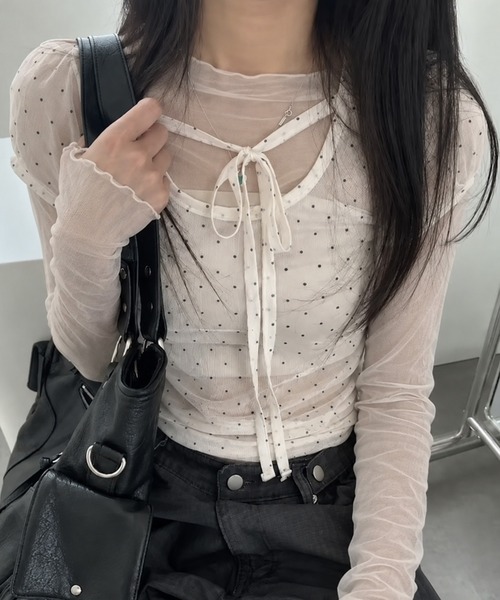 ammy.(エイミードット)の「【 ammy. / エイミードット 】 ドット シアー リボン トップス(Tシャツ/カットソー・レディース・ブルー/ブラック/アイボリー・FREE)」の1枚目の写真