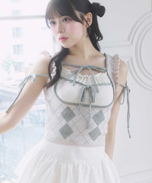 OLIVE des OLIVE(オリーブデオリーブ)の「【Belle Charme】Argyle Ribbon Knit Tank(ニット/セーター・レディース・トップグレー/ピンク/オフホワイト・FREE)」の13枚目の写真