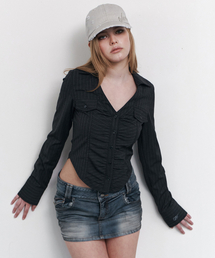 Kayla Shirring Shirt Top (Charcoal)