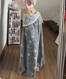 花柄 カットオフデニムロングスカート レースベルト付き