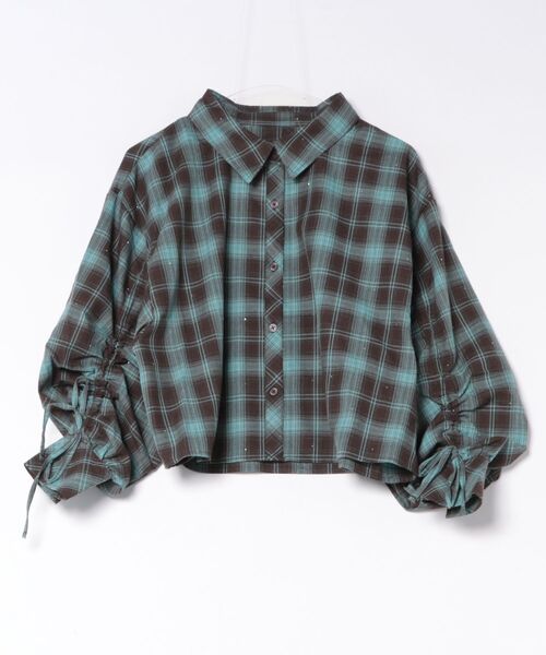 CECIL McBEE（セシルマクビー）の「【CECIL McBEE】ラインストーン付きボリューム袖チェックシャツ（シャツ/ブラウス・レディース・ピンク/ミント/ブラック・MEDIUM/LARGE）」の3枚目の写真