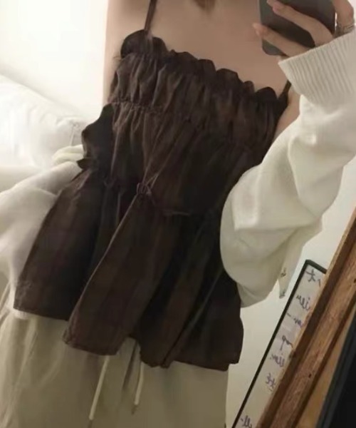 ampm(エーエムピーエム)の「チェック柄ティアードキャミソール(キャミソール・レディース・グリーン/ブラウン・FREE)」の10枚目の写真