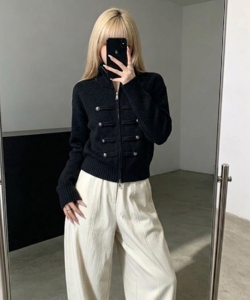 SHEPP(シープ)の「ナポレオンデザイン スタンドカラー ニットジャケット(ニット/セーター・レディース・ブルー/ホワイト/ブラック/グレー/ブラウン・F)」の3枚目の写真