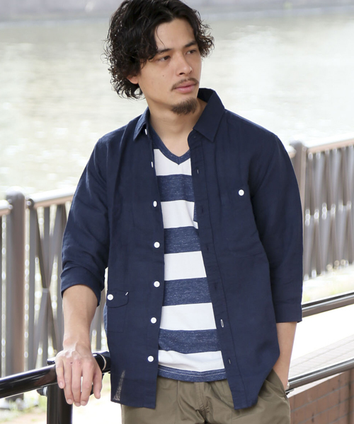 Denime（ドゥニーム）の「メンアサ七分シャツ（シャツ/ブラウス・メンズ・ブルー系その他/ホワイト/ネイビー/サックスブルー・X-LARGE/SMALL/MEDIUM/LARGE）」の2枚目の写真