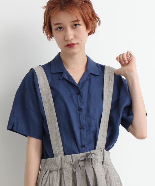 bulle de savon（ビュルデサボン）の「42Sフレンチリネン　開襟SH（シャツ/ブラウス・レディース・マスタード/ブラウン/ピンク/ホワイト/ネイビー/ブラック・FREE）」の5枚目の写真