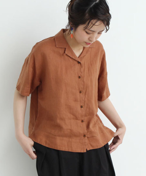 bulle de savon（ビュルデサボン）の「42Sフレンチリネン　開襟SH（シャツ/ブラウス・レディース・マスタード/ブラウン/ピンク/ホワイト/ネイビー/ブラック・FREE）」の4枚目の写真