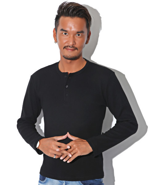 LUXSTYLE（ラグスタイル）の「サーマル無地ヘンリーネックロンT（Tシャツ/カットソー・メンズ・ブラック/ホワイト/杢グレー・XL/M/L）」の5枚目の写真