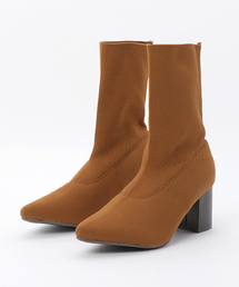 [無地/ラメ]チャンキーヒールミディアムソックスブーツ