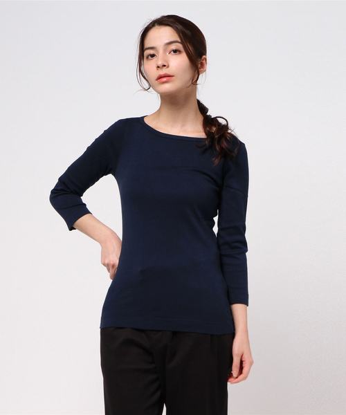three dots（スリードッツ）の「Ginger 七分袖ボートネックTシャツ（Tシャツ/カットソー・レディース・ホワイト/ブラック/ネイビー/ダークブルー/ダークネイビー・LARGE/MEDIUM/SMALL/X-SMALL）」の3枚目の写真