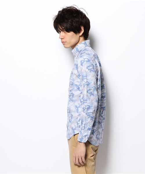 ADAM ET ROPE'（アダムエロペ）の「ストライプ×迷彩　OXシャツ（シャツ/ブラウス・メンズ・サックスブルー/モスグリーン・MEDIUM/LARGE）」の4枚目の写真