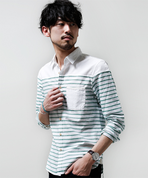 NANO universe（ナノユニバース）の「ボーダーオックスシャツ（シャツ/ブラウス・メンズ・グリーン/ブルー/ネイビー/イエロー/レッド・LARGE/MEDIUM/X-LARGE/SMALL）」の2枚目の写真