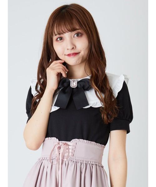 Ank トップスrouge アンクルージュ のファッション ビジューリボンパフtops Tシャツ カットソー Ank