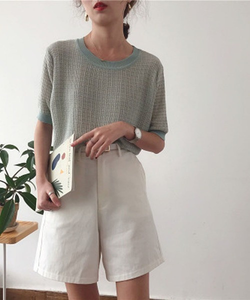 emi+（エミプラス）の「5分袖ハーフスリーブニット（Tシャツ/カットソー・レディース・ベージュ/パープル/オレンジ/ブルー・FREE）」の5枚目の写真