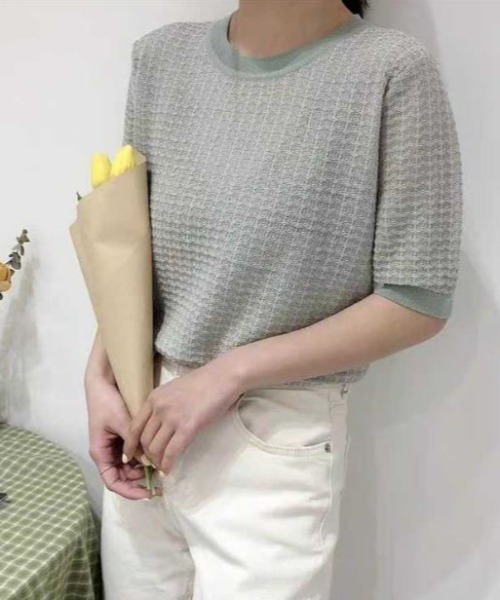 emi+（エミプラス）の「5分袖ハーフスリーブニット（Tシャツ/カットソー・レディース・ベージュ/パープル/オレンジ/ブルー・FREE）」の6枚目の写真