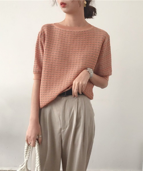 emi+（エミプラス）の「5分袖ハーフスリーブニット（Tシャツ/カットソー・レディース・ベージュ/パープル/オレンジ/ブルー・FREE）」の9枚目の写真