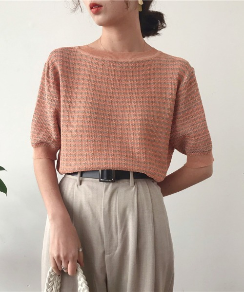 emi+（エミプラス）の「5分袖ハーフスリーブニット（Tシャツ/カットソー・レディース・ベージュ/パープル/オレンジ/ブルー・FREE）」の10枚目の写真