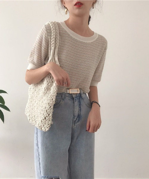 emi+（エミプラス）の「5分袖ハーフスリーブニット（Tシャツ/カットソー・レディース・ベージュ/パープル/オレンジ/ブルー・FREE）」の11枚目の写真