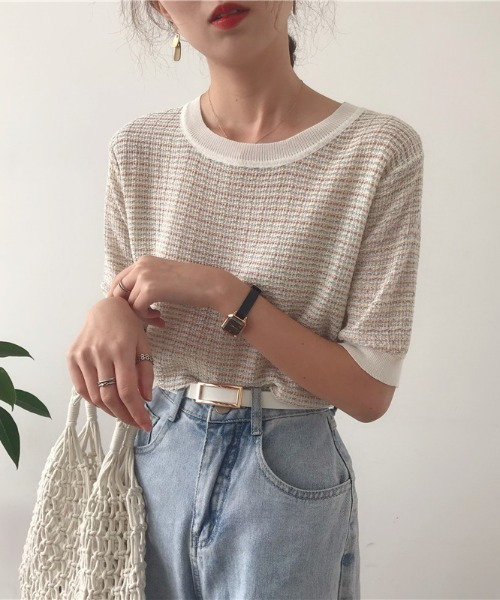 emi+（エミプラス）の「5分袖ハーフスリーブニット（Tシャツ/カットソー・レディース・ベージュ/パープル/オレンジ/ブルー・FREE）」の12枚目の写真