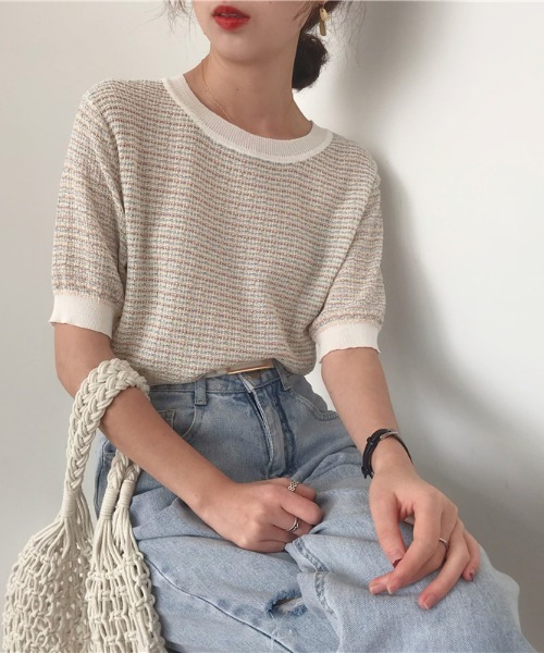emi+（エミプラス）の「5分袖ハーフスリーブニット（Tシャツ/カットソー・レディース・ベージュ/パープル/オレンジ/ブルー・FREE）」の13枚目の写真