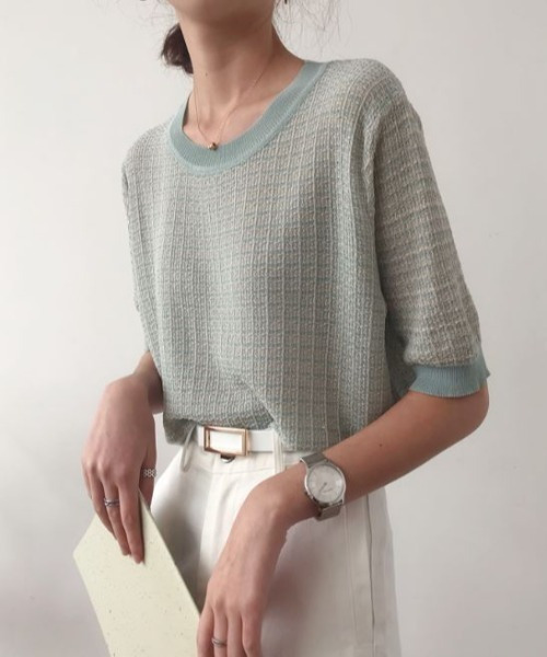 emi+（エミプラス）の「5分袖ハーフスリーブニット（Tシャツ/カットソー・レディース・ベージュ/パープル/オレンジ/ブルー・FREE）」の17枚目の写真