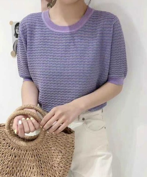 emi+（エミプラス）の「5分袖ハーフスリーブニット（Tシャツ/カットソー・レディース・ベージュ/パープル/オレンジ/ブルー・FREE）」の19枚目の写真
