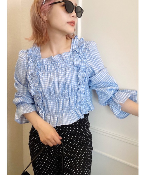 JUMELLE（ジュメロ）の「チェックギャザーブラウス（シャツ/ブラウス・レディース・ブルー/レッド・FREE）」の7枚目の写真