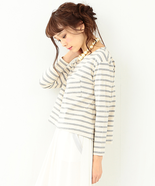 CAROLINA GLASER(カロリナ グレイサー)の「CAROLINA GLASER / ワイドボーダートップス(Tシャツ/カットソー・レディース・グレー/ネイビー・ONE SIZE)」の4枚目の写真