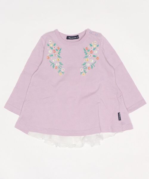 Moujonjon(ムージョンジョン)の「お花刺繍後シフォン切替Tシャツ(Tシャツ/カットソー・キッズ・パープル/ブルー・90/100/110/120/80/130/140)」の1枚目の写真