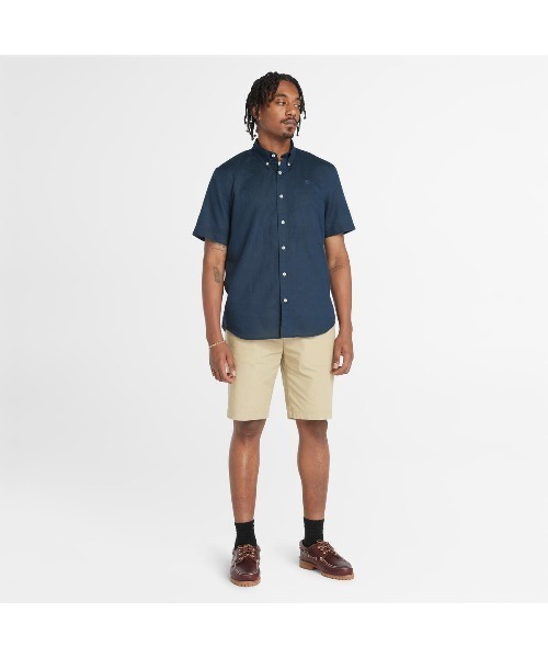 Timberland（ティンバーランド）の「半袖 ラベル コットン リネン シャツ メンズ（シャツ/ブラウス・メンズ・スカイブルー/ダークブルー・SMALL/MEDIUM/LARGE/X-LARGE/X-SMALL/XX-LARGE）」の3枚目の写真