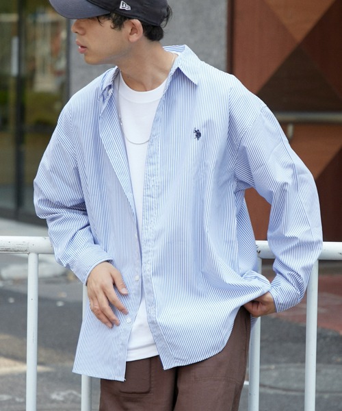 U.S. POLO ASSN.（ユーエスポロアッスン）の「【U.S. POLO ASSN】刺繍ストライプオーバーシャツ（シャツ/ブラウス・メンズ・ネイビー/ピンク/サックスブルー/オレンジ/グリーン/キャメル/ブルー・M/L）」の2枚目の写真