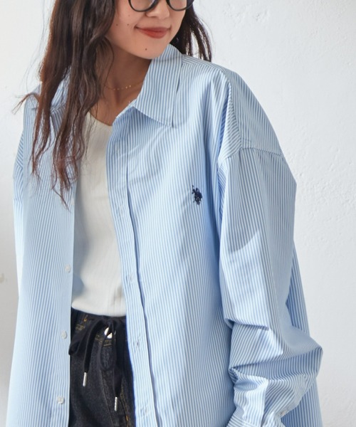 U.S. POLO ASSN.（ユーエスポロアッスン）の「【U.S. POLO ASSN】刺繍ストライプオーバーシャツ（シャツ/ブラウス・メンズ・ネイビー/ピンク/サックスブルー/オレンジ/グリーン/キャメル/ブルー・M/L）」の3枚目の写真