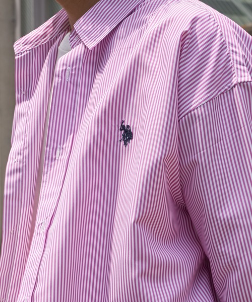 U.S. POLO ASSN.（ユーエスポロアッスン）の「【U.S. POLO ASSN】刺繍ストライプオーバーシャツ（シャツ/ブラウス・メンズ・ネイビー/ピンク/サックスブルー/オレンジ/グリーン/キャメル/ブルー・M/L）」の6枚目の写真
