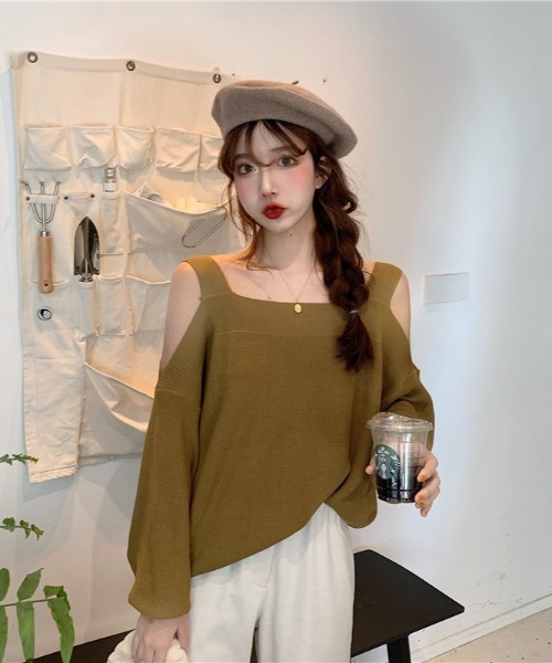 yuue' ( wear )(ユーイ)の「スクエアネック 肩あき ロングスリーブニット(ニット/セーター・レディース・ベージュ/カーキ/ブラック・FREE)」の20枚目の写真