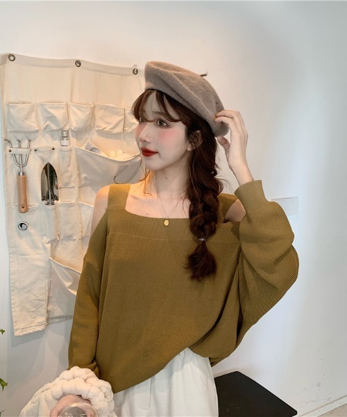 yuue' ( wear )(ユーイ)の「スクエアネック 肩あき ロングスリーブニット(ニット/セーター・レディース・ベージュ/カーキ/ブラック・FREE)」の17枚目の写真
