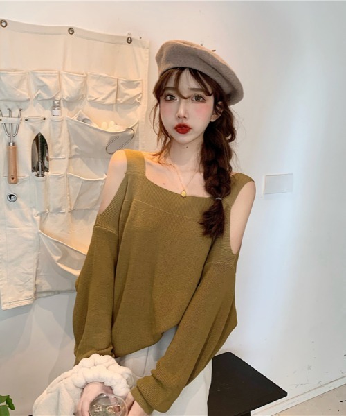 yuue' ( wear )(ユーイ)の「スクエアネック 肩あき ロングスリーブニット(ニット/セーター・レディース・ベージュ/カーキ/ブラック・FREE)」の9枚目の写真