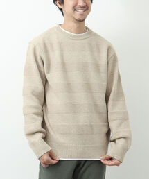 長袖Tシャツ付き リサイクルウール柄編みボーダーニット
