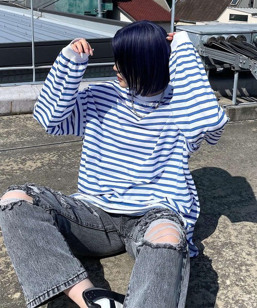 PAGEBOY（ページボーイ）の「WEB限定アイテム / 2WAYレイヤードロンT（Tシャツ/カットソー・レディース・チャコールグレー/オフホワイト/ブラック/ブルー系その他/ラベンダー・FREE）」の8枚目の写真